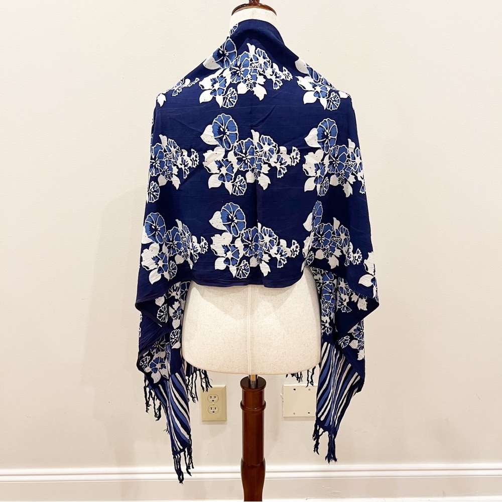 Vintage Antik Batik Pareo Sarong Wrap Skirt Blue Fringed Hawaiian Beach Coverup